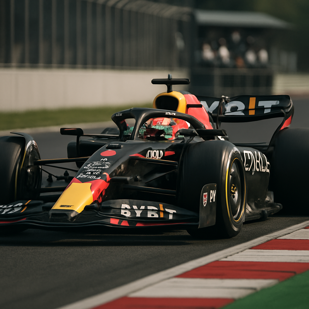 A Red Bull Formula racing car corners on a Grand Prix circuit, highlighting its