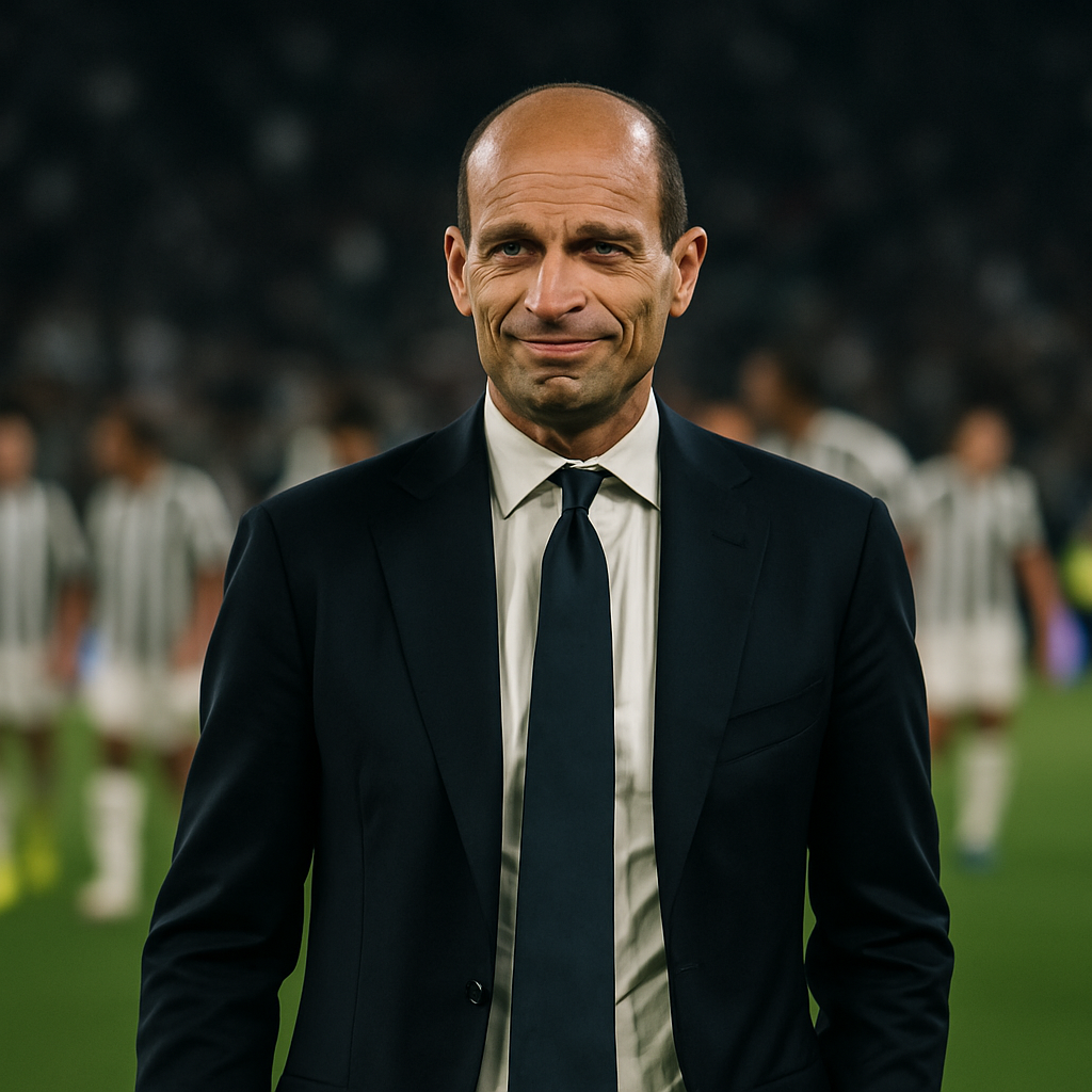 Massimiliano Allegri stands composed on the touchline after Juventus’s 3–2 victory over Frosinone, marking