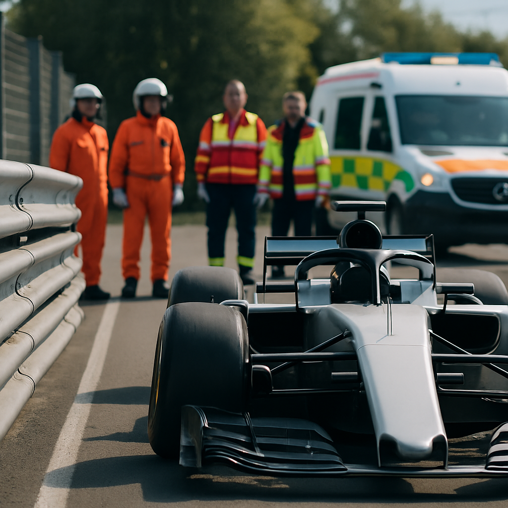 An open-wheel race car with a Halo near reinforced barriers, with marshals and a