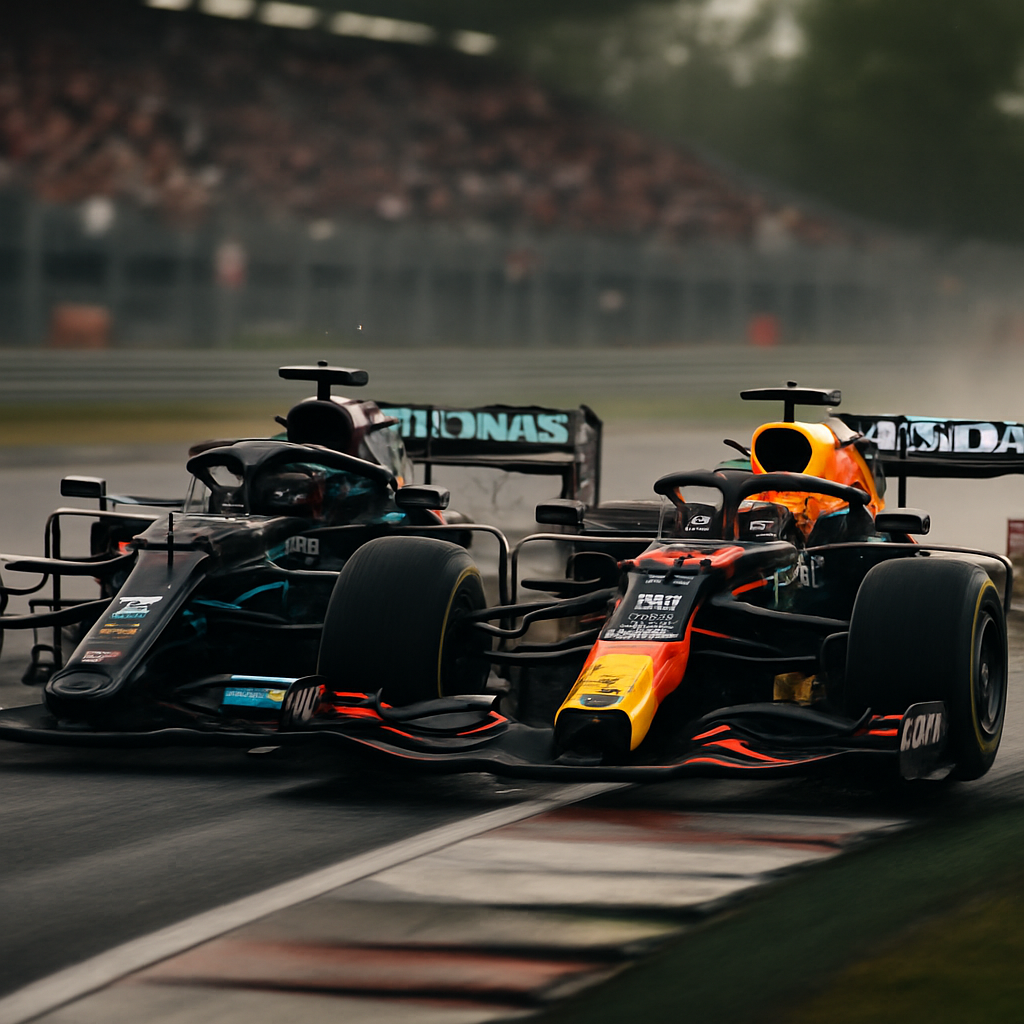 Lewis Hamilton’s Mercedes and Max Verstappen’s Red Bull race side by side during the