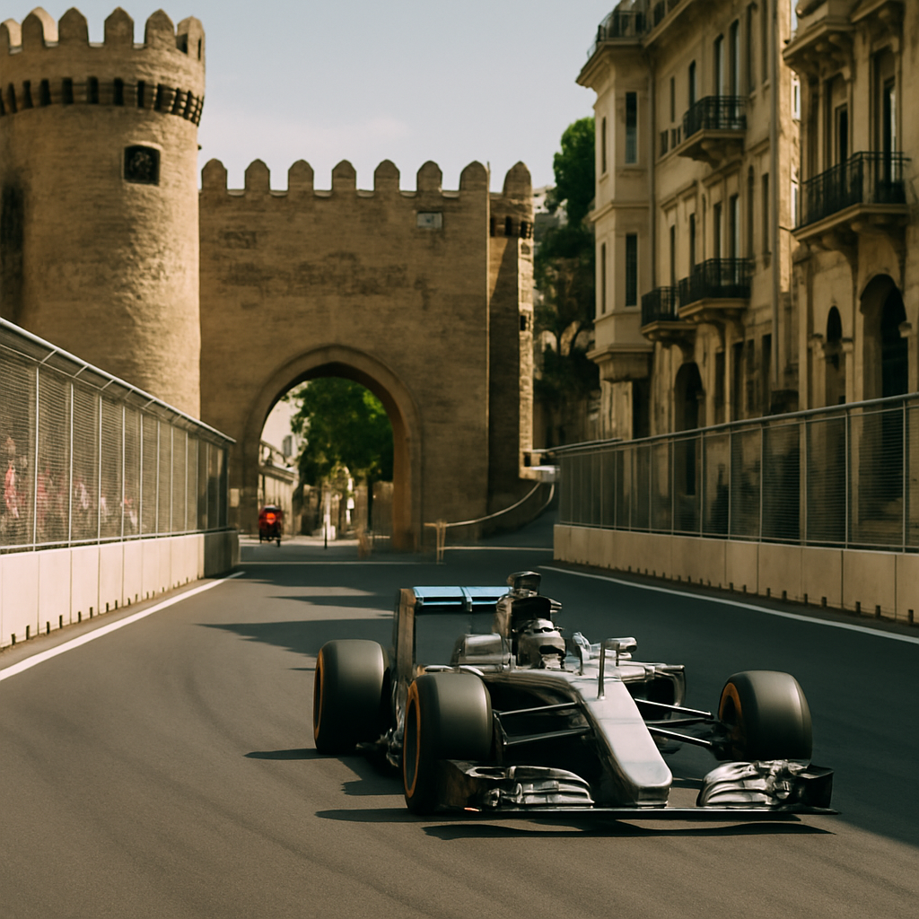 A 2016 Formula 1 car speeds along Baku’s city-centre circuit, with historic buildings and