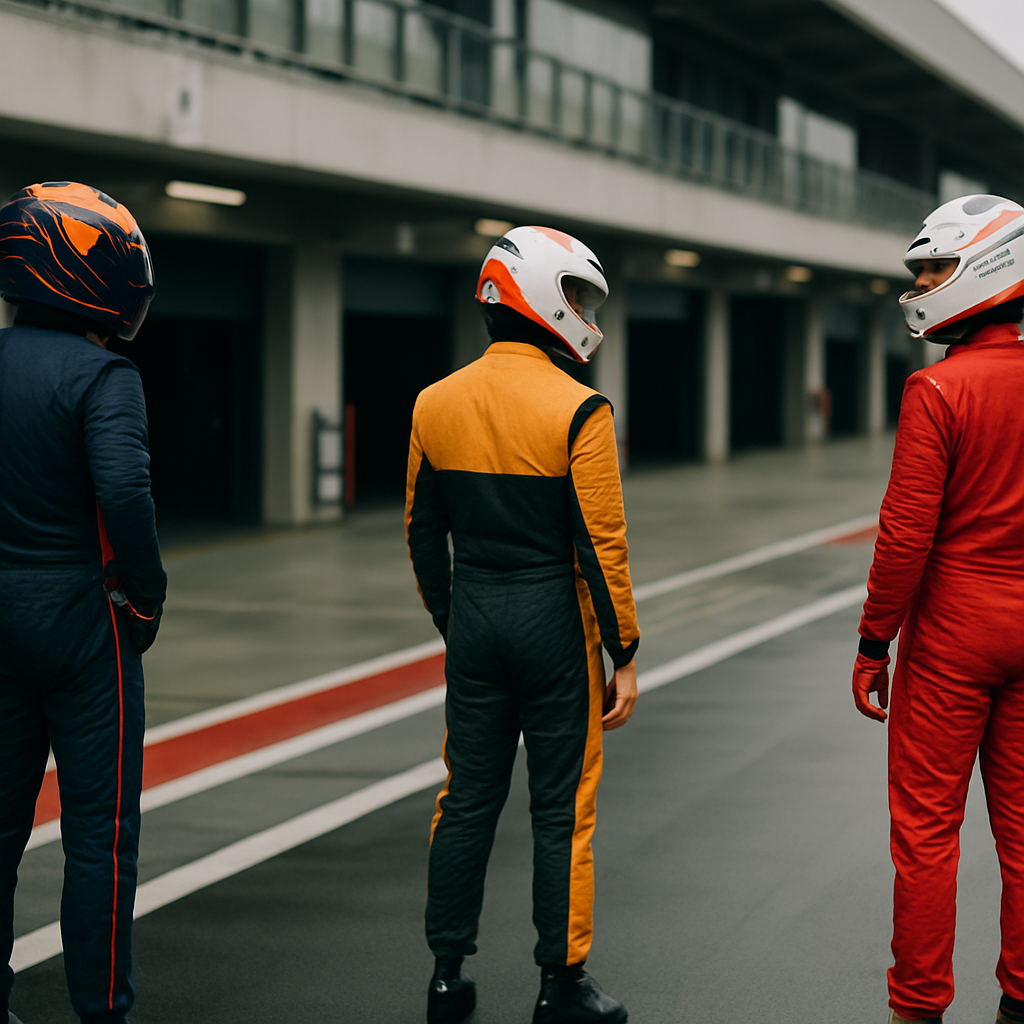 Three Formula 1 drivers stand apart in a pit lane, looking toward separate team