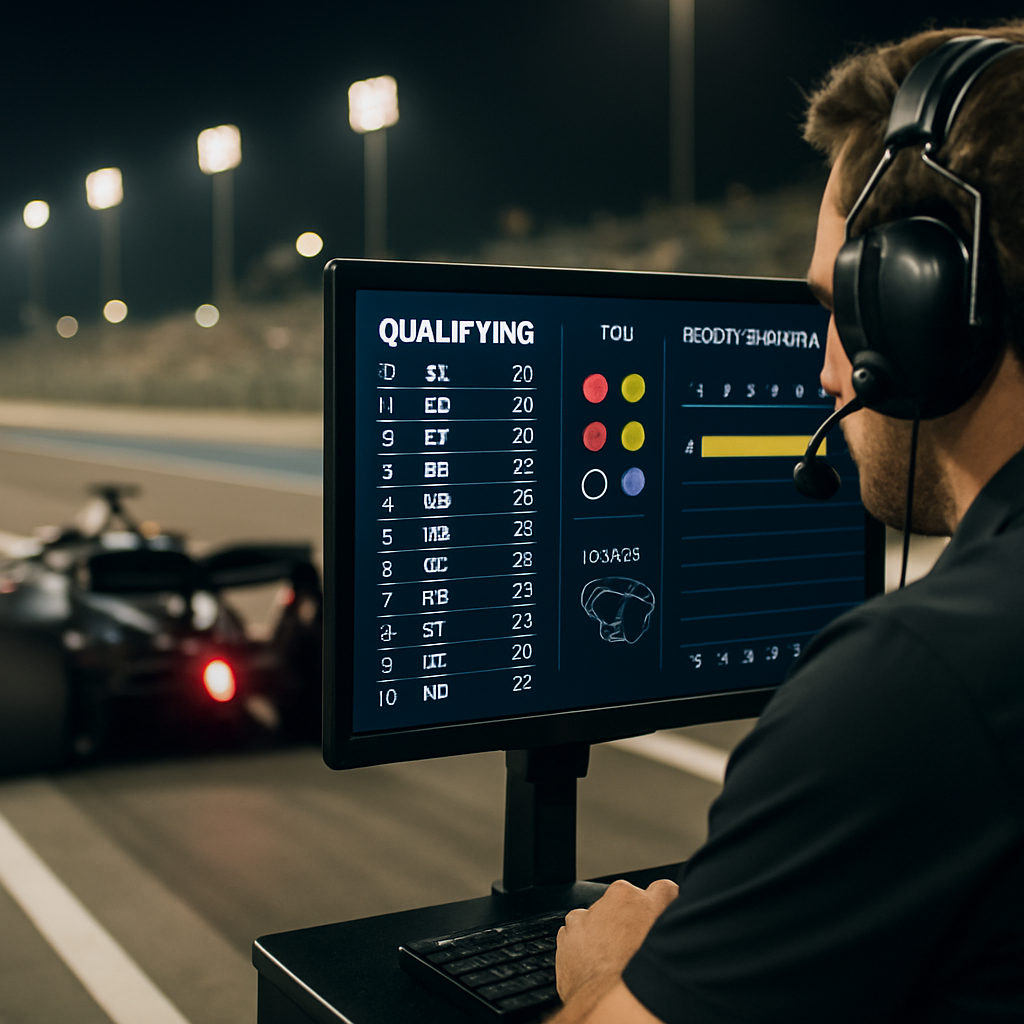 A Formula 1 strategist reviews qualifying positions, tire options, and pit-stop plans as a