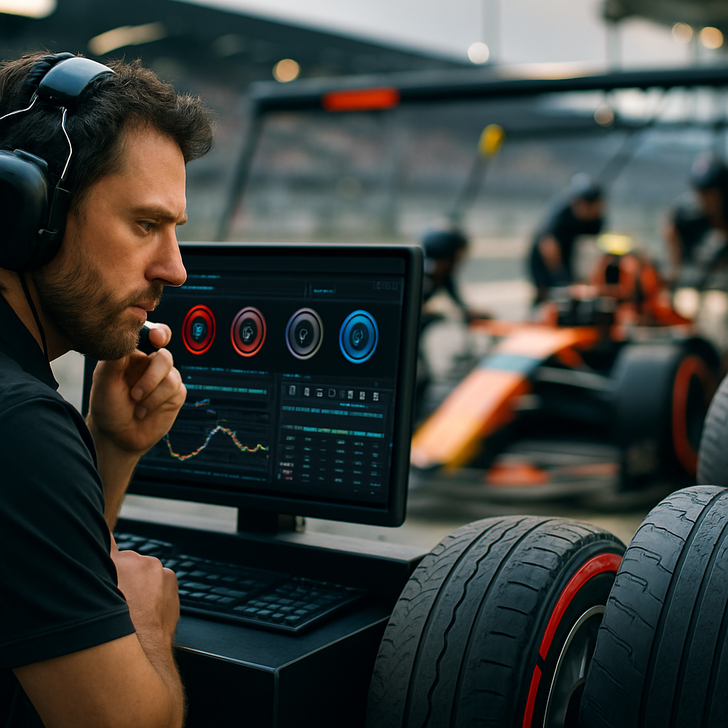 A Formula 1 engineer checks tire data as a car enters the pit lane