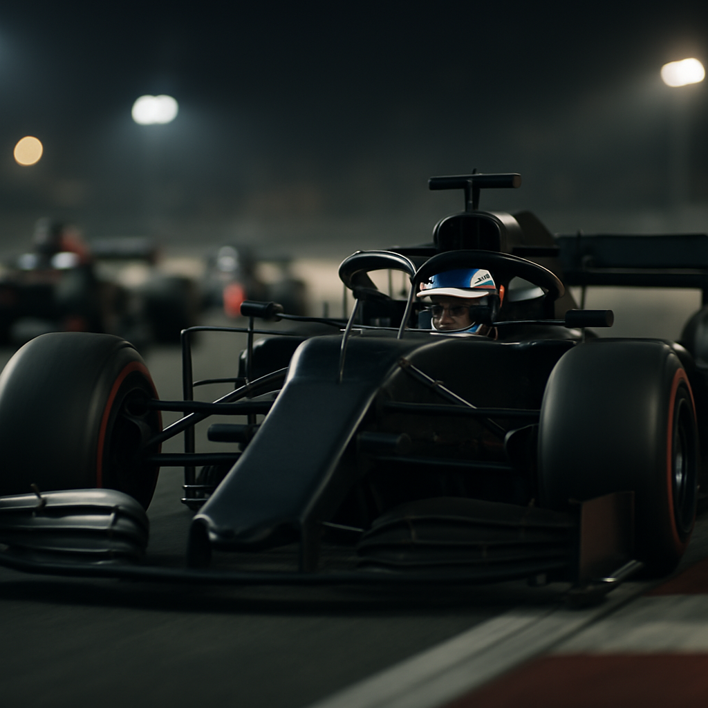 A young Formula 1 rookie accelerates through a corner ahead of blurred rivals, hinting