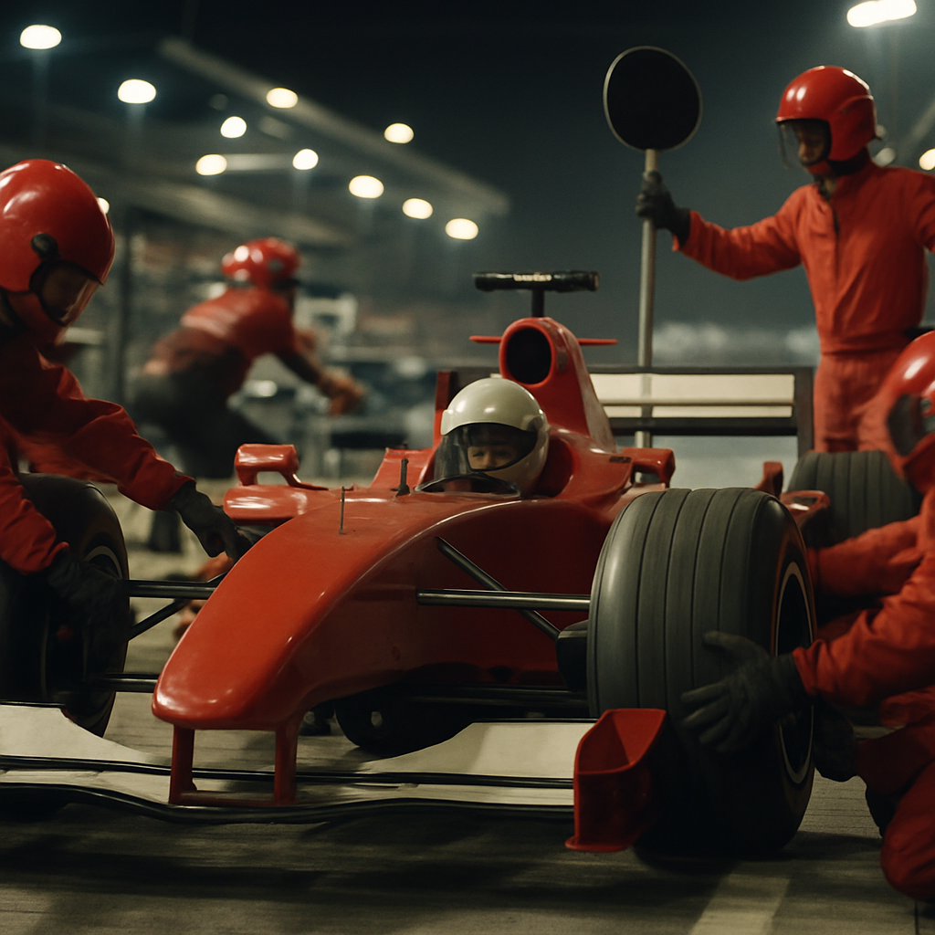A 2006-era Formula 1 crew coordinates a rapid tire change during a pit stop.