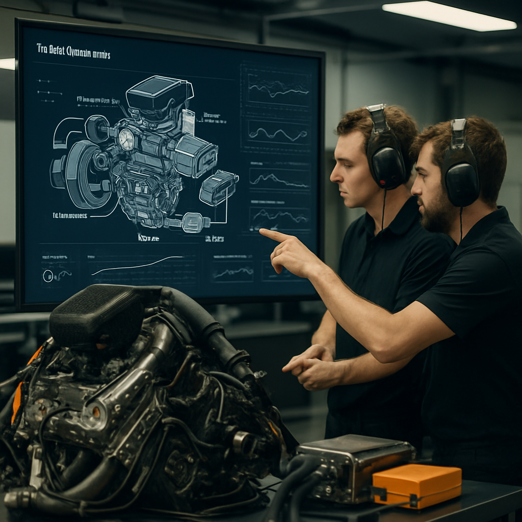 Race engineers review hybrid power-unit components and telemetry in a Formula racing garage.