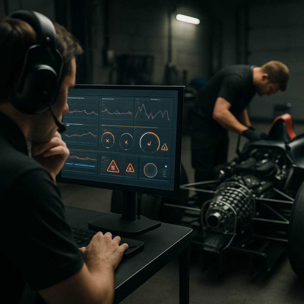 Race engineers review telemetry beside a mechanic inspecting a racing car’s drivetrain in the