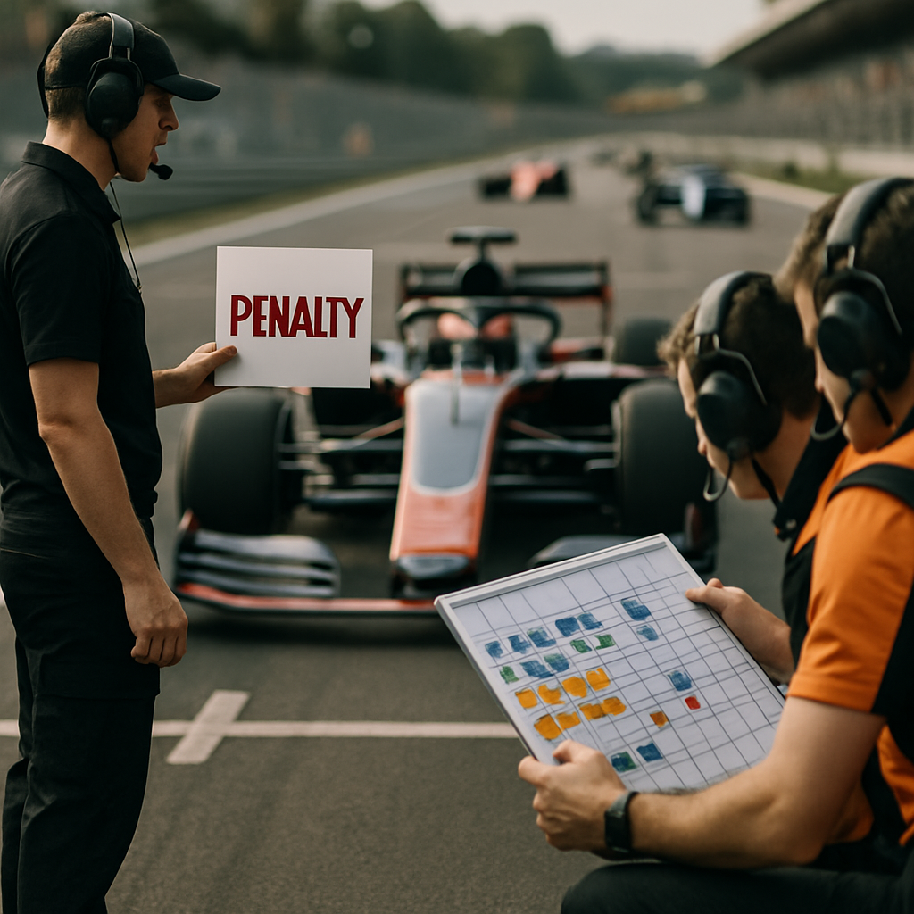 A race official presents a penalty notice as a Formula racing team reviews strategy