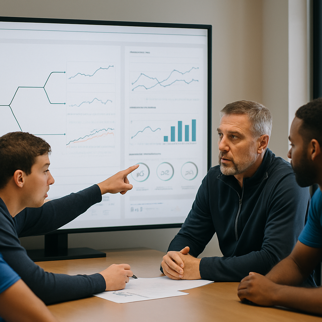 A team reviews simulated forecast scenarios on a screen, combining data analysis with discussion