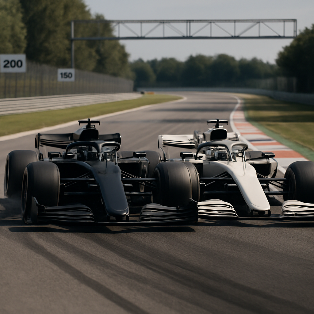 Two race cars battle side by side under braking into a corner, showing how