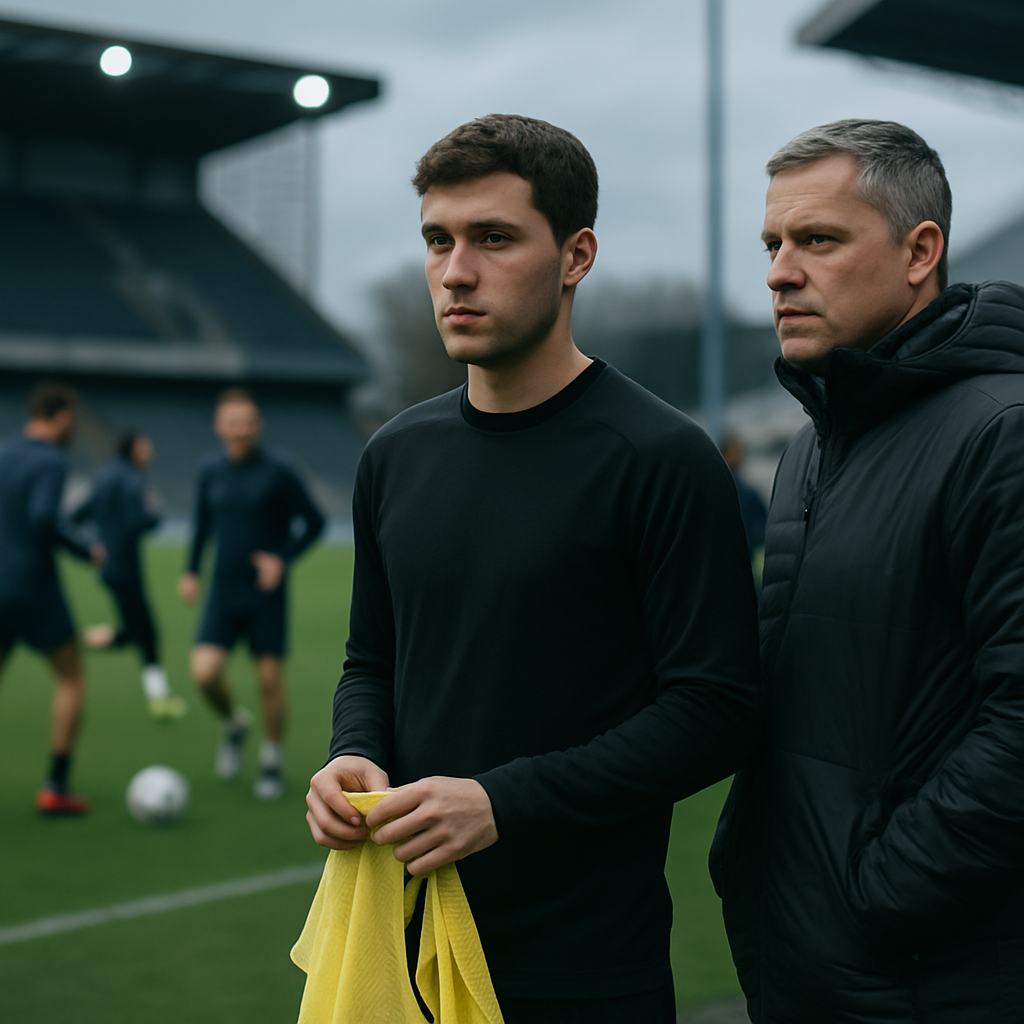 A mid-season signing watches training beside the coach as teammates practice on the pitch.