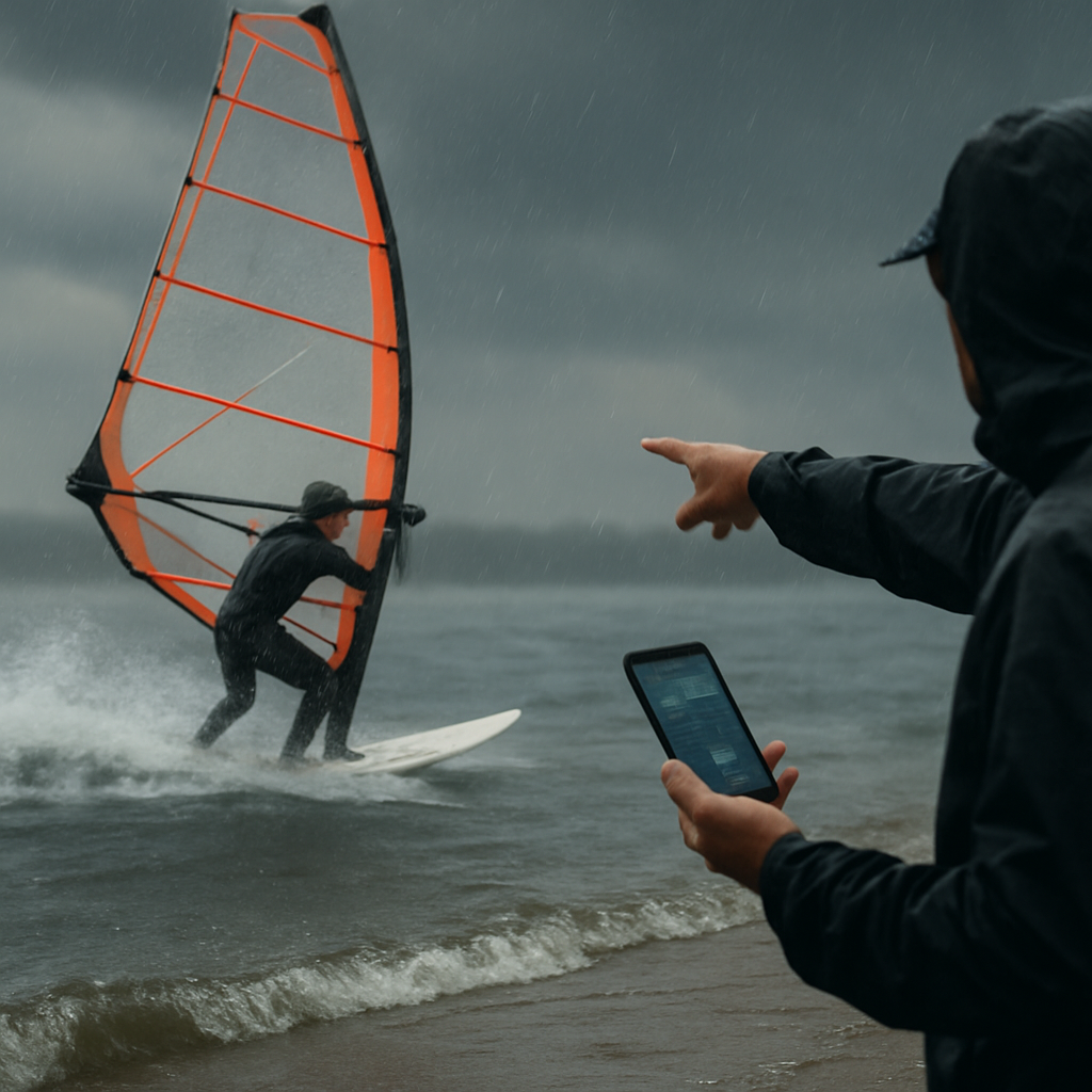A funboard racer cuts across choppy water in the rain as a coach checks